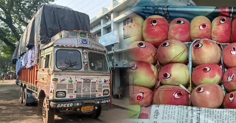 হিলি স্থলবন্দরে আমদানিকৃত আপেলবোঝাই ট্রাক